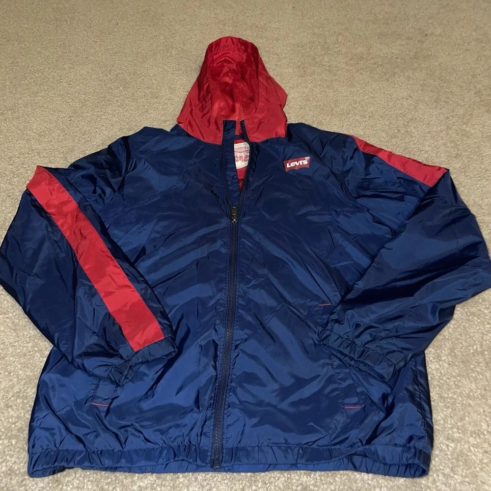 Levis Kids XL Navy Blue Red Hooded Windbreaker Jacket Full Zip Mesh Lined 13-15Y